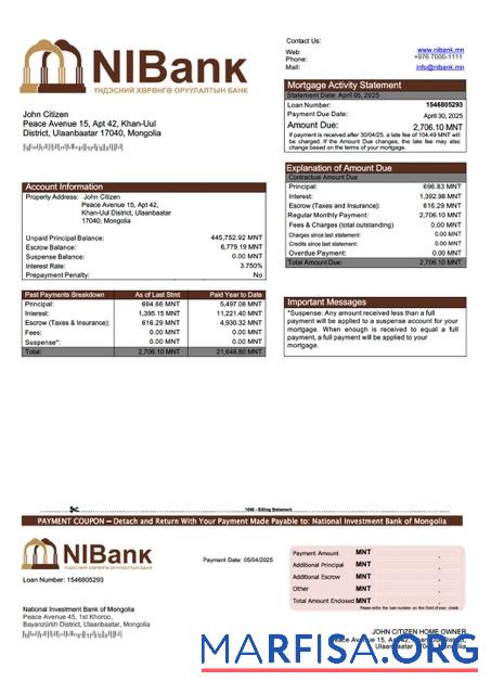 Downloadable Mongolia National Investment Bank of Mongolia mortgage statement Word and PDF template